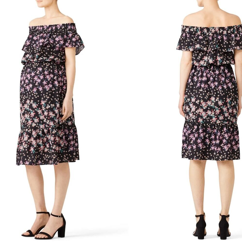 Rosie Pope Serena Black Multicolor Floral Off the Shoulder Maternity Dress Sz M‎